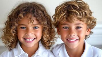 AI generated Portrait of smiling siblings with blue eyes and curly hair in white shirts photo