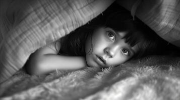 AI generated Portrait of a thoughtful child hiding under pillows in monochrome photo