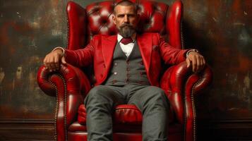 AI generated Confident bearded man in elegant red suit seated in leather chair photo