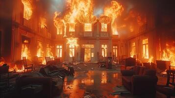 AI generated Intense blaze engulfing luxurious living room interior in flames photo