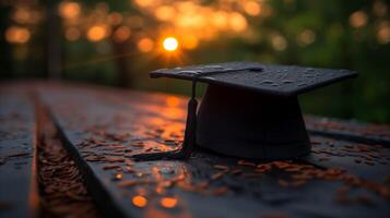 AI generated Graduation cap with raindrops on wooden surface at sunset photo