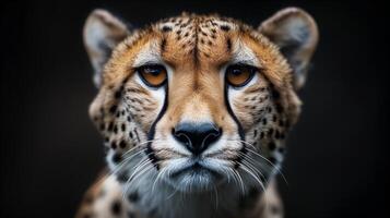 ai generado de cerca retrato de un leopardo en contra oscuro antecedentes foto