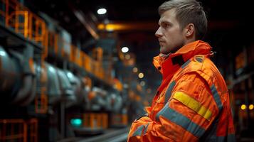 AI generated Railway Worker Overlooking Trains at Dusk photo