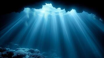 AI generated Underwater seascape with sunlight beams illuminating coral reefs photo