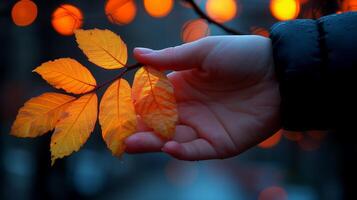 ai generado amable toque de otoño, mano participación vibrante naranja hojas foto