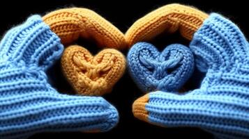 AI generated Handcrafted love, Two pairs of knitted mittens forming hearts on black background photo