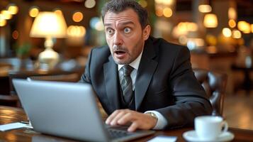 AI generated Shocked businessman discovering surprising news on laptop in cafe photo