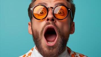 AI generated Shocked man with orange sunglasses and open mouth on blue background photo