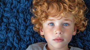 ai generado retrato de un joven chico con Rizado pelo y azul ojos en texturizado antecedentes foto