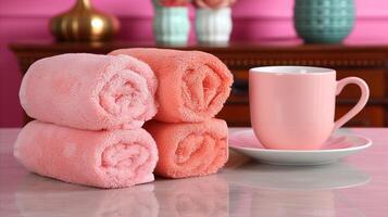 AI generated Rolled Coral Towels With Pink Cup on a Modern Vanity photo