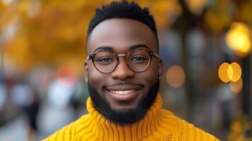 AI generated Smiling young man wearing glasses and a yellow sweater outdoors in autumn photo