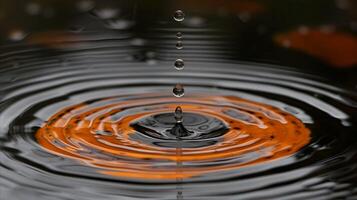AI generated Water droplets creating ripple effect on reflective orange surface photo