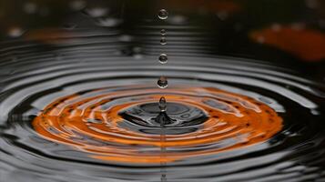 ai generado agua gotas creando onda efecto en reflexivo naranja superficie foto