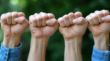 AI generated Raised fists in solidarity, strength, and unity on green background photo