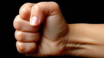 AI generated Close-up of clenched fist isolated on black background, concept of strength and struggle photo