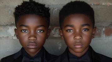 AI generated Two Young Boys Wearing Tuxedos and Bow Ties photo