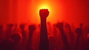 AI generated Silhouetted hands raised in solidarity at rally with warm backlighting photo