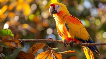 AI generated Vibrant Macaw Perched on Branch in Autumnal Forest photo