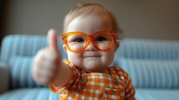 AI generated Cheerful Baby Giving Thumbs Up in Orange Glasses photo