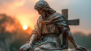 ai generado sereno Jesús estatua a atardecer, religioso simbolismo y paz foto