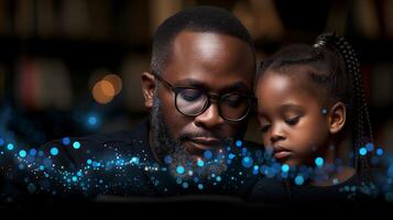 AI generated Father and daughter sharing a tender moment with digital tablet at night photo