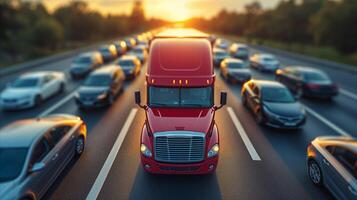 ai generado rojo semi camión líder tráfico en autopista a atardecer, transporte concepto foto