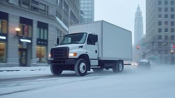 AI generated White delivery truck speeding through snowy city street photo