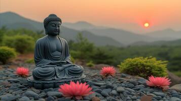 AI generated Peaceful buddha statue at sunset surrounded by pink lotus and pebbles photo