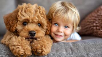 AI generated Smiling toddler with fluffy poodle puppy, Ultimate cuteness overload photo