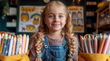 AI generated Smiling young girl in classroom with colorful pencils, education concept photo