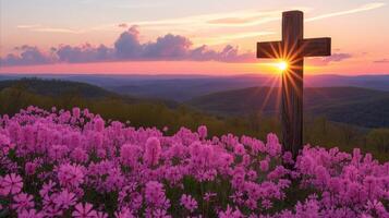 ai generado sereno puesta de sol detrás de madera cruzar en medio de flores silvestres con vista a colinas foto