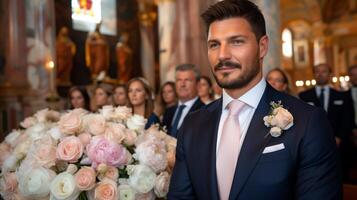 ai generado hermoso novio en un traje a Boda ceremonia con invitados foto