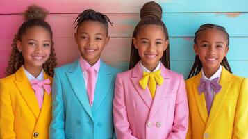 AI generated Four Children Smiling in Colorful Blazers Against Pastel Background photo