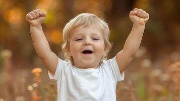 AI generated Joyful toddler celebrating success outside with raised arms photo