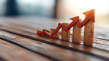AI generated Wooden figures and arrows on table depicting growth and success photo