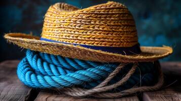 AI generated Straw Hat Resting on a Coil of Blue Rope photo