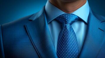 AI generated Close-Up of a Man in a Blue Suit With a Polka Dot Tie photo