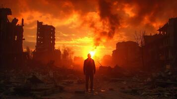 AI generated Solitary Figure Amidst Urban Destruction at Dusk photo