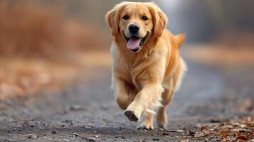 ai generado dorado perdiguero perro corriendo abajo la carretera foto