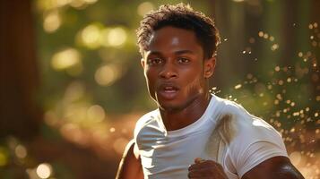 AI generated Focused male runner jogging in forest setting at sunset photo