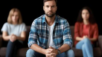 AI generated Man sitting foreground with women blurred in background on couch photo