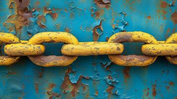 AI generated Close-Up of Weathered Yellow Chain on Blue Background photo