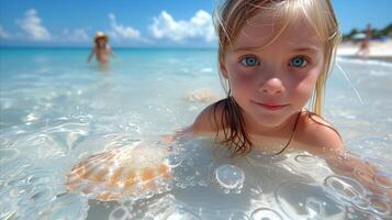 ai generado adorable niño disfrutando tropical playa y claro Oceano agua foto