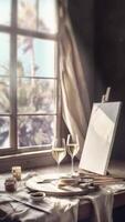 ai generado vertical vídeo de un artista pintor estudio, taller, con lienzo, cepillos y pinturas por el ventana con un vaso de vino. pintar y Código Postal momento. video