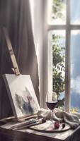 ai generiert Vertikale Video von ein Künstler Maler Studio, Atelier, mit Leinwand, Bürsten und Gemälde durch das Fenster mit ein Glas von Wein. Farbe und Postleitzahl Moment.