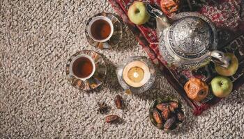 ai generado tradicional Ramadán y eid linterna lámpara con creciente luna, fechas y frutas en un cuenco en alfombra, generado ai foto