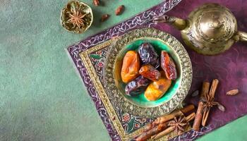 AI generated Traditional Ramadan and Eid lantern lamp with crescent moon, dates and fruits in a bowl on carpet, Generated AI photo