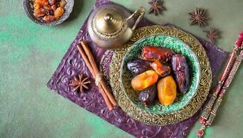 AI generated Traditional Ramadan and Eid lantern lamp with crescent moon, dates and fruits in a bowl on carpet, Generated AI photo