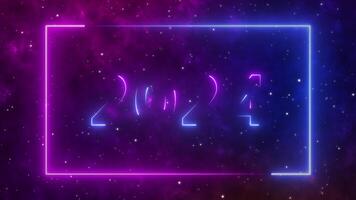 Happy new year 2024. Neon blue and purple 2024 Traveling through star fields space supernova colorful light glowing. Space Nebula moving graphic with stars space rotation galaxy nebula. square frame video