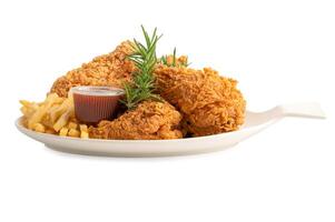 Fried chicken and potato chip served on white plate isolated on white background, Junk food high calorie. photo